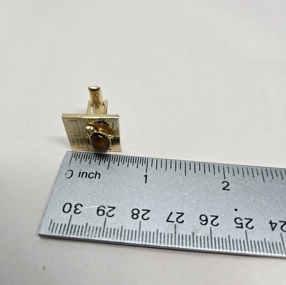 Vintage Mens Gold Tone Cuff Links With Tie Holder Brown Pietersite Stone Classy